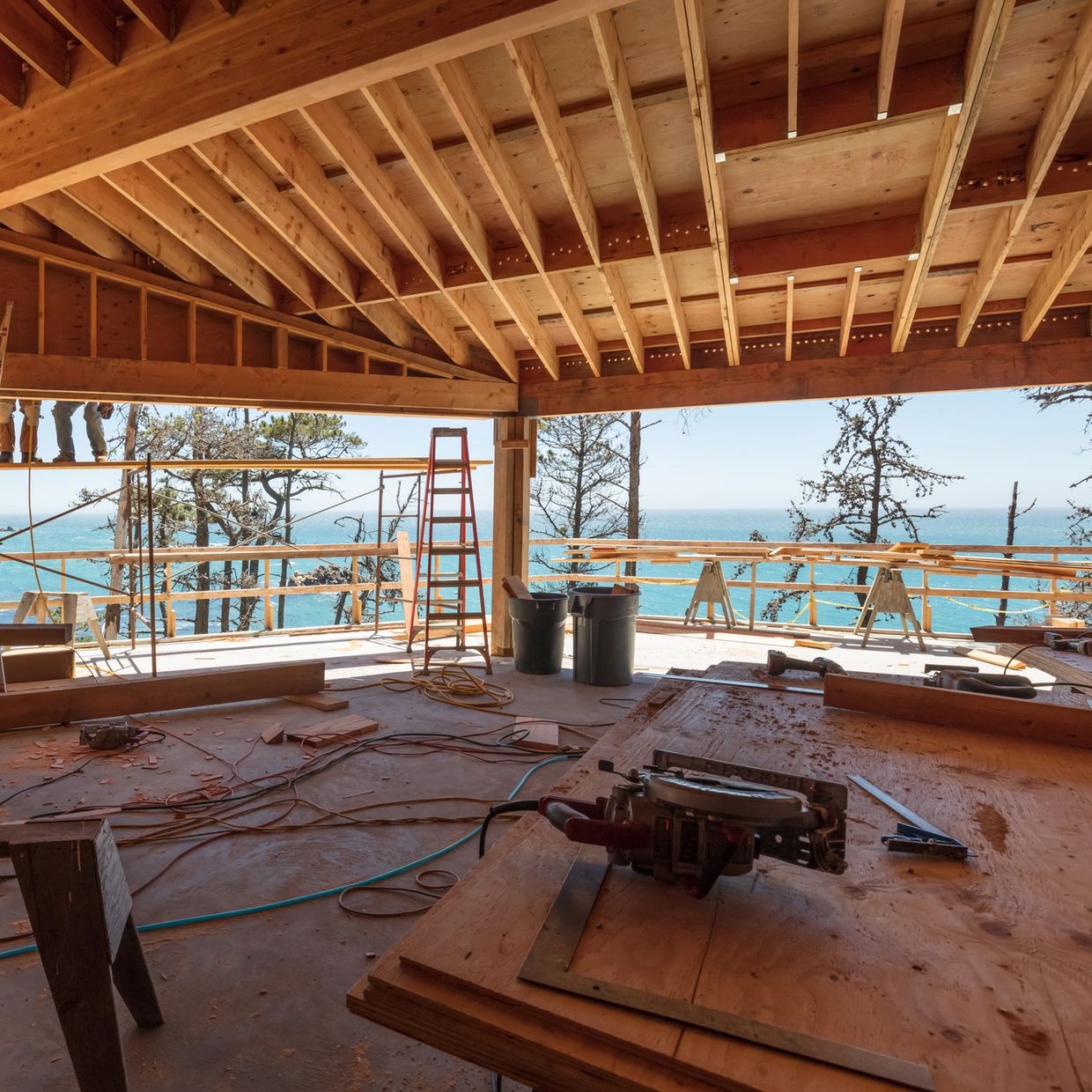 Open wooden construction with ocean view.