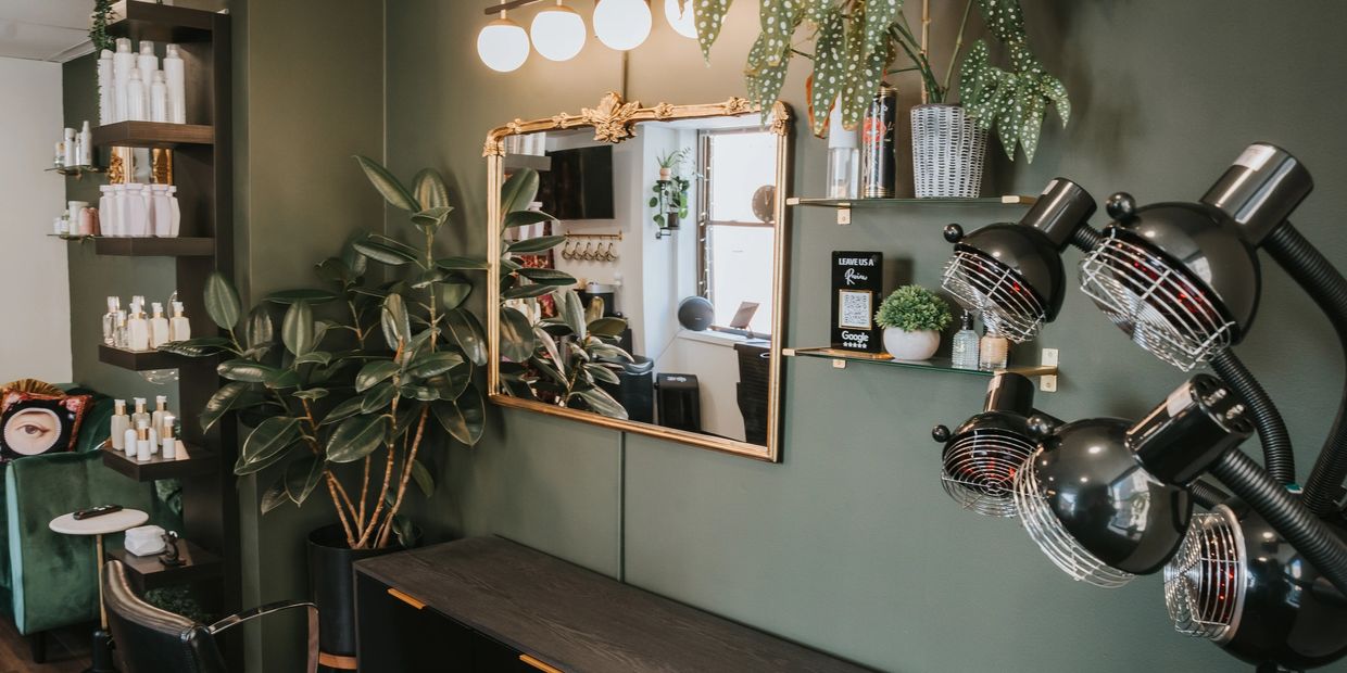 Cozy salon corner with plants, shelves of products, and stylish hair dryers.