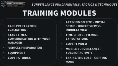 Training modules for mobile surveillance fundamentals, tactics, and techniques.