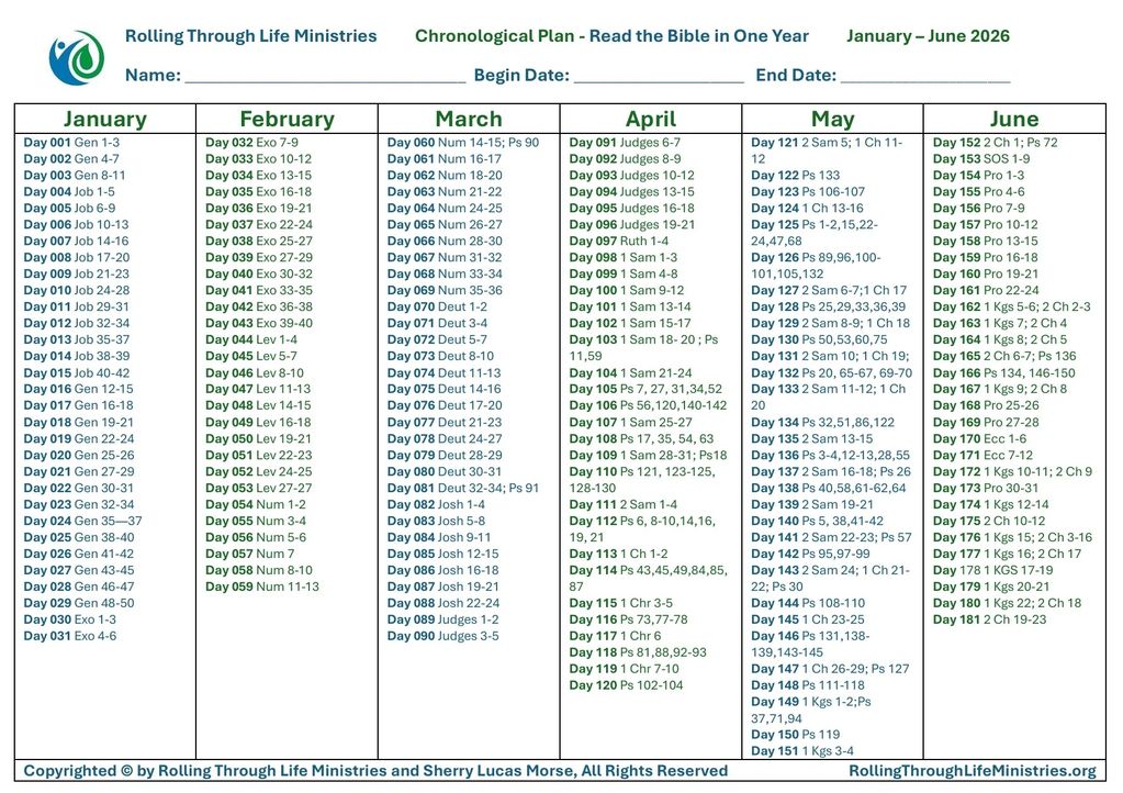 Bible reading plan from January to June 2026 by Rolling Through Life Ministries.