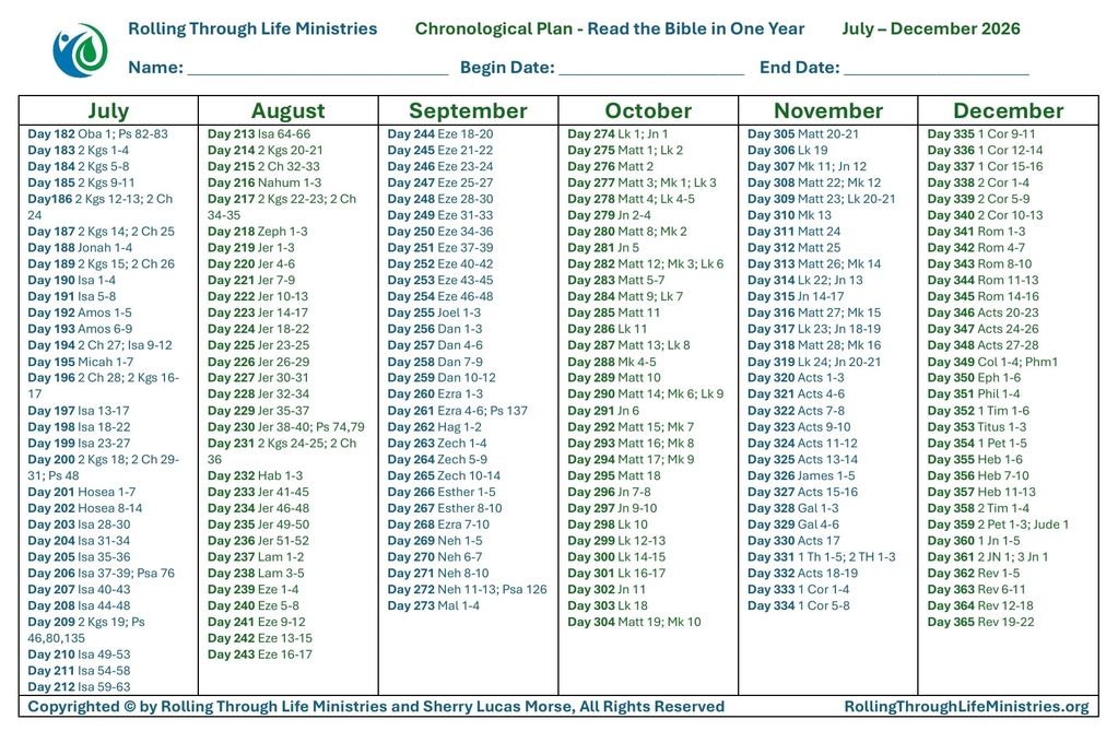A detailed Bible reading plan for July to December 2026 to read the Bible in one year.
