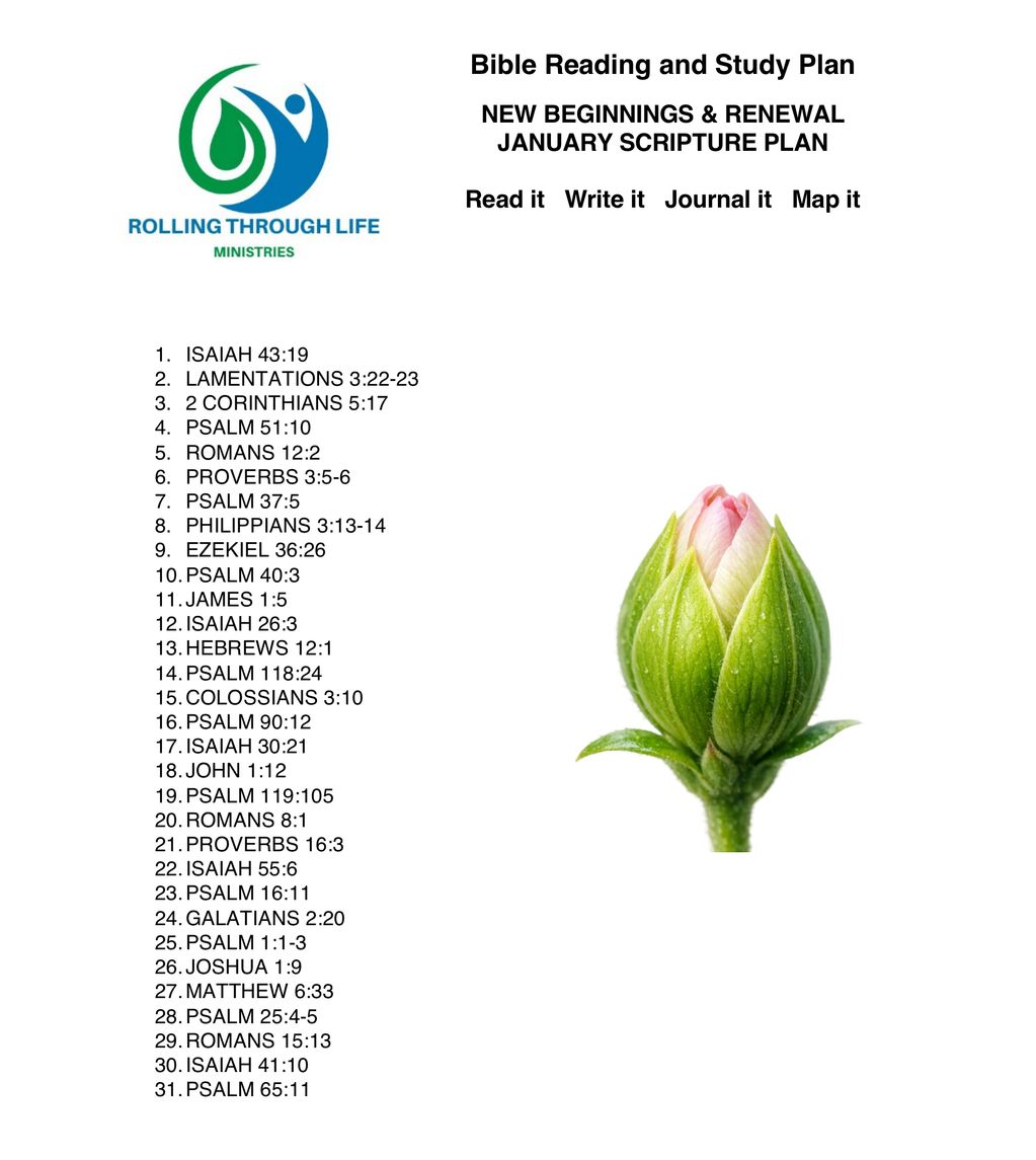 Bible reading plan for January with scripture references and a budding flower image.