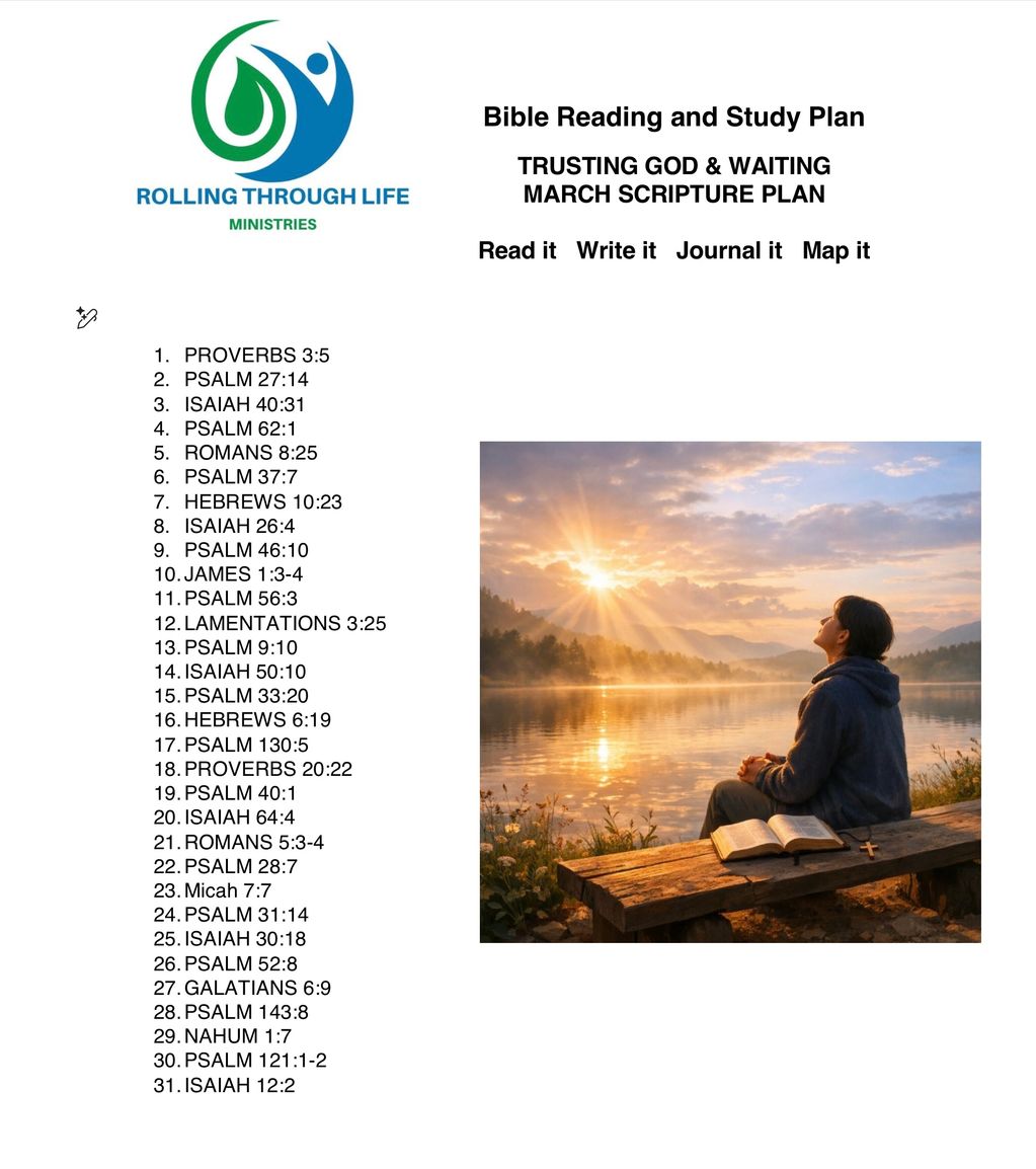 Bible reading plan with serene sunrise meditation by the lake.