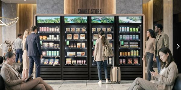 People shopping at a modern smart store with digital shelves.