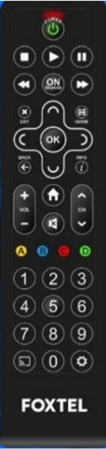 Foxtel remote control with various buttons for TV navigation.