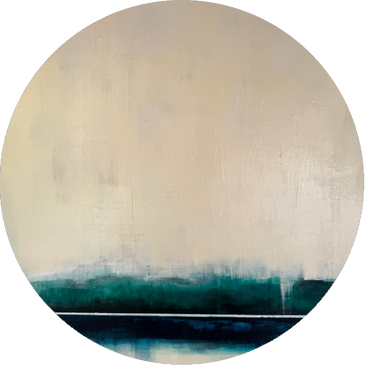 Abstract circular painting with beige, green, and blue horizontal bands.