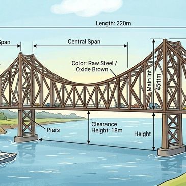 Diagram of a steel bridge with measurements and labeled parts.