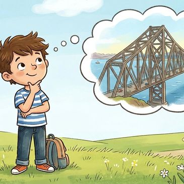 A boy imagines a large bridge while standing in a field.