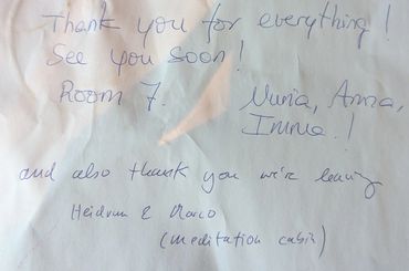A handwritten thank you note expressing gratitude and mentioning Room 7.