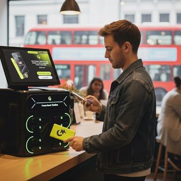 A man uses a phone charging station in a cafe with a red double-decker bus outside.