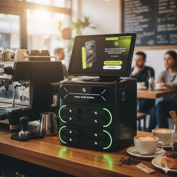 Power bank rental station in a cozy cafe setting with coffee and pastries.