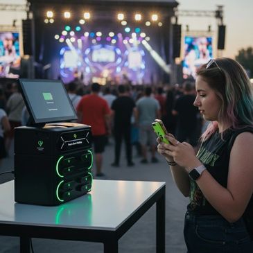Young woman uses phone at a concert next to a device charging station.