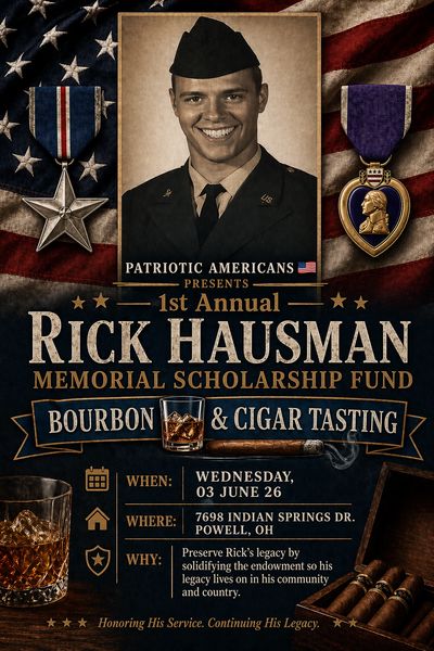 Memorial scholarship fund event poster honoring Rick Hausman with bourbon and cigar tasting.