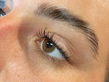 a close up of a woman's eye showing the results of a brow lamination & tint and a lash lift & tint