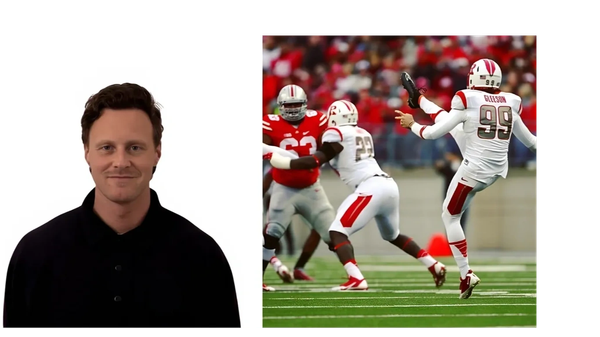 Portrait of a smiling man in a black shirt next to a college football game action shot.
