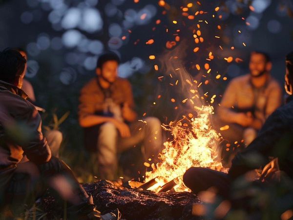 Friends gathered around a campfire at night, sparks flying.