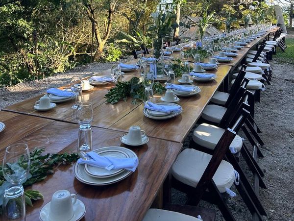Long wooden table set outdoors with plates, cups, and greenery.