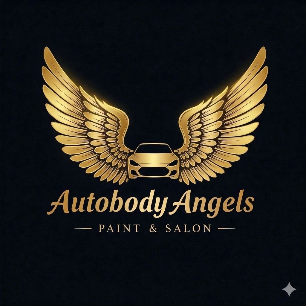 Golden wings and car emblem logo for Autobody Angels Paint & Salon.