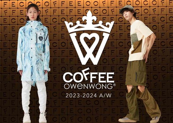 Fashion models showcase Owen Wong's 2023-2024 autumn/winter collection with a coffee-themed backdrop.