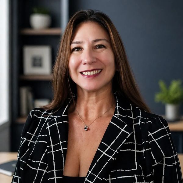 Smiling woman in checkered blazer with long brown hair in a modern office.