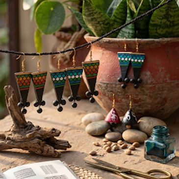 Colorful handmade earrings displayed outdoors.