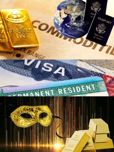 Gold  bars, world globe, US passports, portion of a visa and permanent resident card and gold mask.