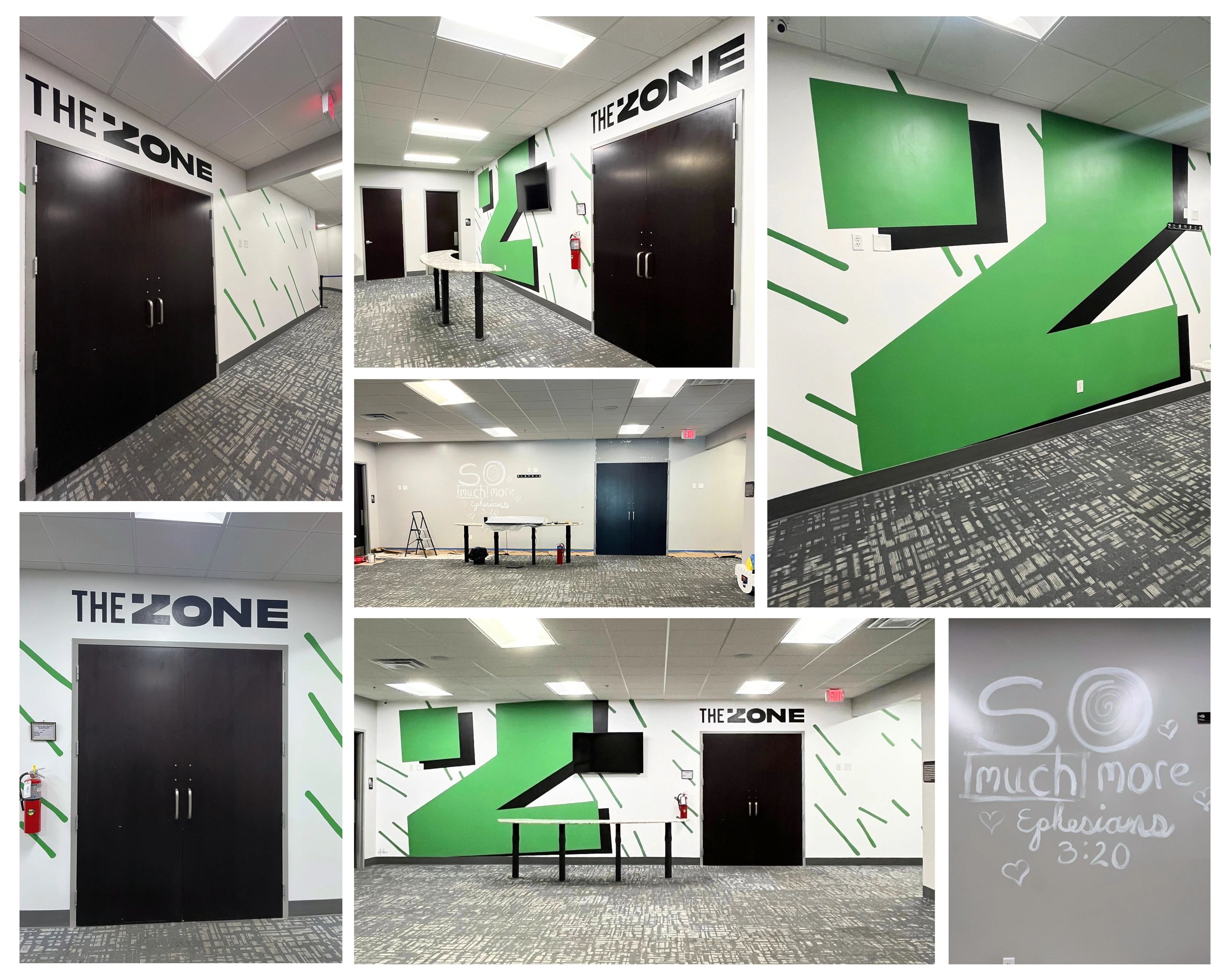 Interior views of a modern office space named 'The Zone' with green and black wall art.