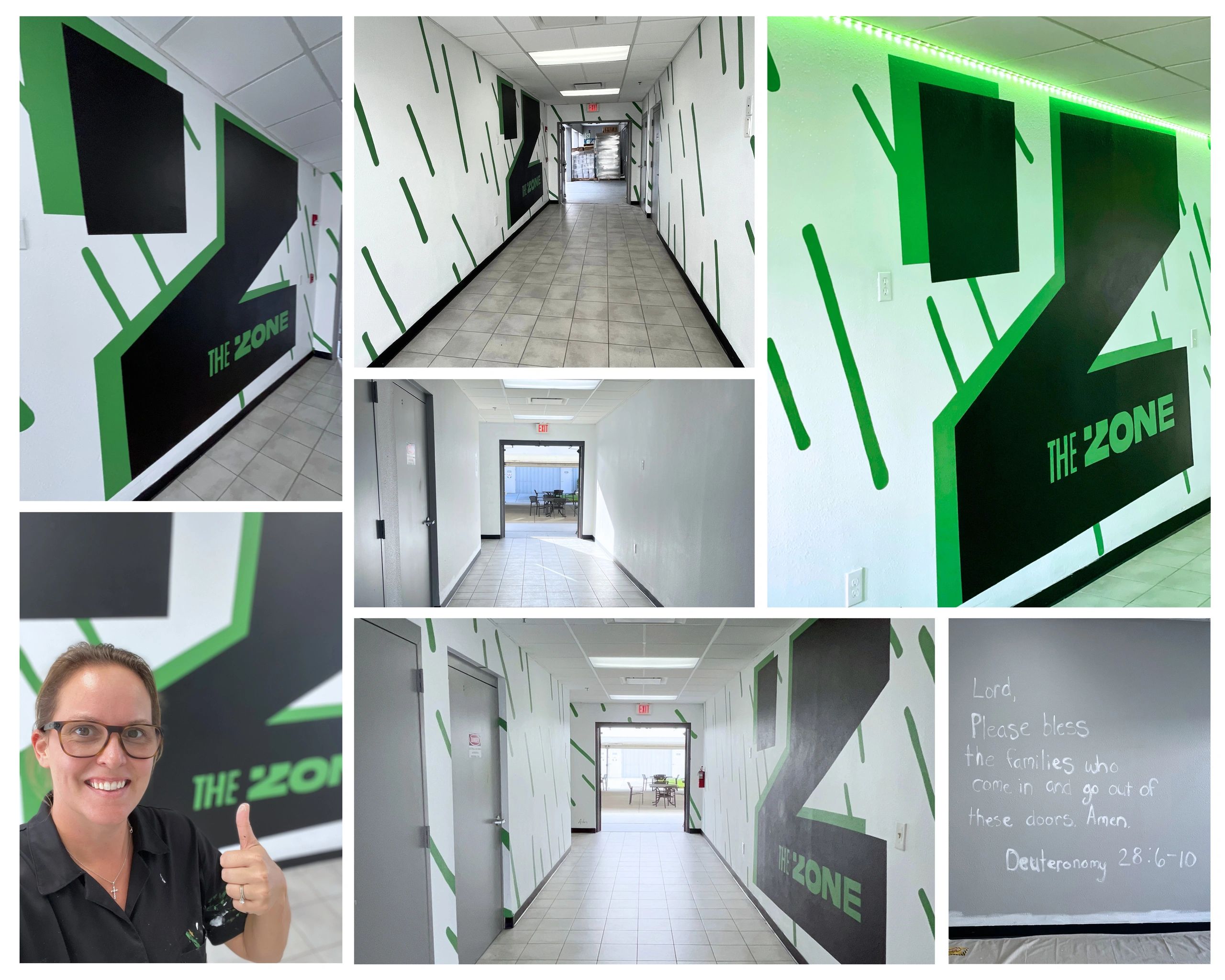 A hallway decorated with "The Zone" logo and green accents, featuring a smiling woman giving a thumbs-up.