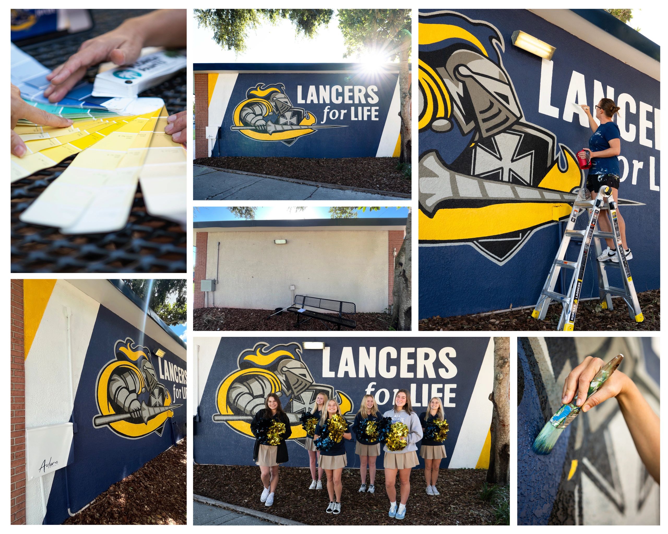 Cheerleaders pose in front of a freshly painted "Lancers for Life" mural at their school.