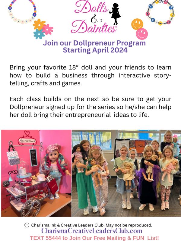 Children with dolls promoting a Dollpreneur Program starting April 2024.