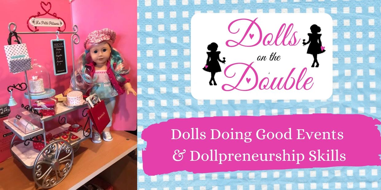 A doll with colorful hair stands next to a mini bakery cart, promoting Dolls on the Double events.