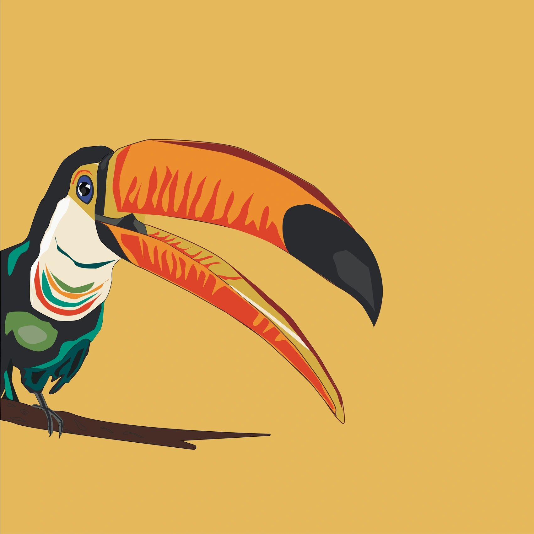 Colorful digital illustration of a toucan on a yellow background.