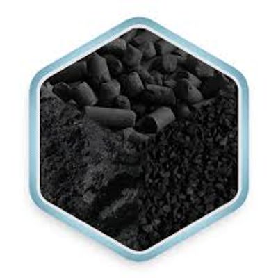 Different forms of black charcoal and coal granules.