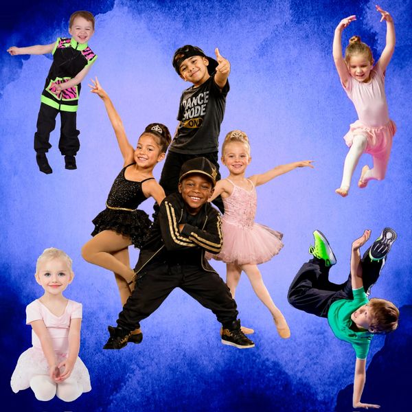 Happy kids dancing against a blue background.