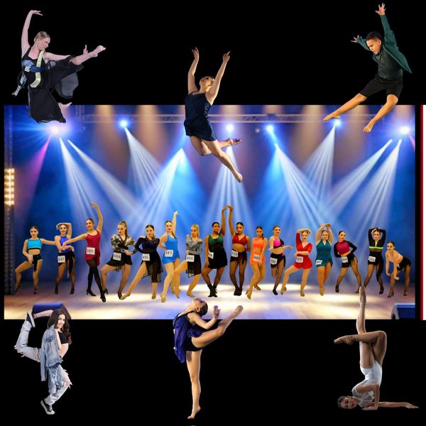 Group of dancers performing on stage with spotlights.