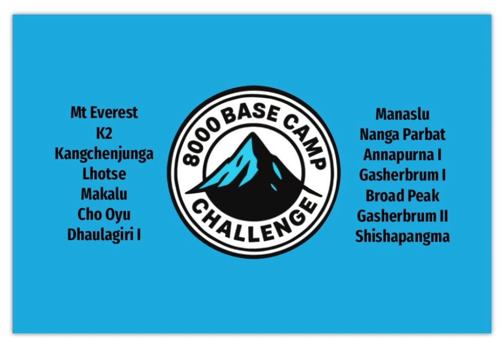 Logo for the 8000 Base Camp Challenge featuring the world's highest peaks.