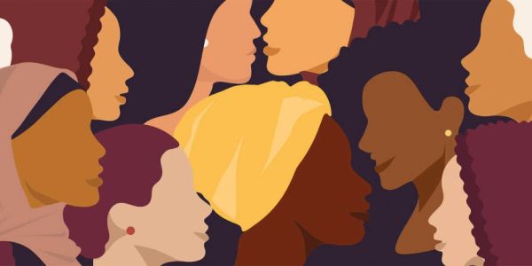 Diverse women facing each other in an abstract style.