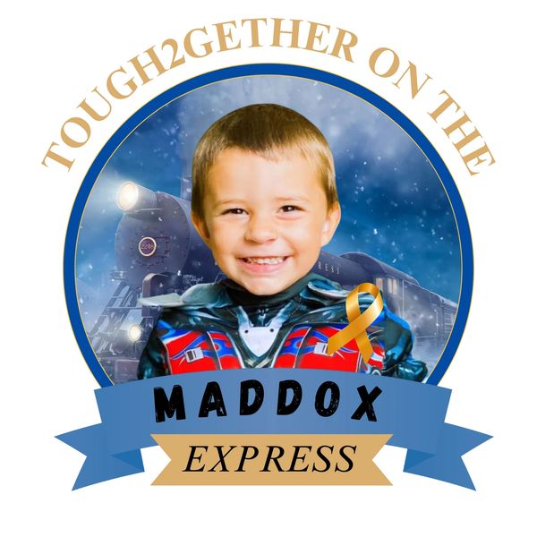 Young boy smiling in superhero outfit with train background and "Maddox Express" text.