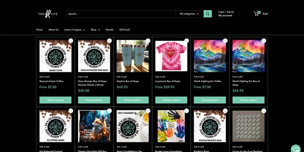 Online store selling coffee, gifts, and art with a dark theme.