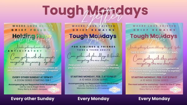 Three grief support group flyers with schedules and encouragement.