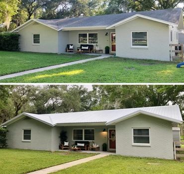 Before and after house renovation showing a new metal roof and improved porch setup.