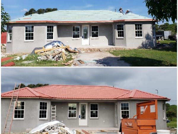 Two images showing a house roof before and after tile installation.
