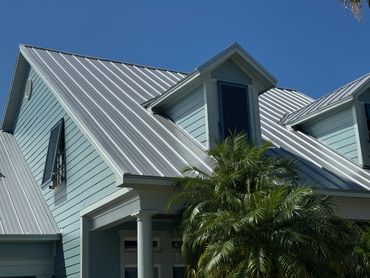 Blue house with metal roof and palm trees under clear sky.