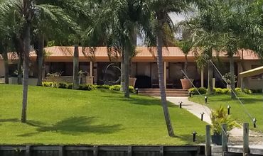 A tropical house with palm trees and green lawn by the water.