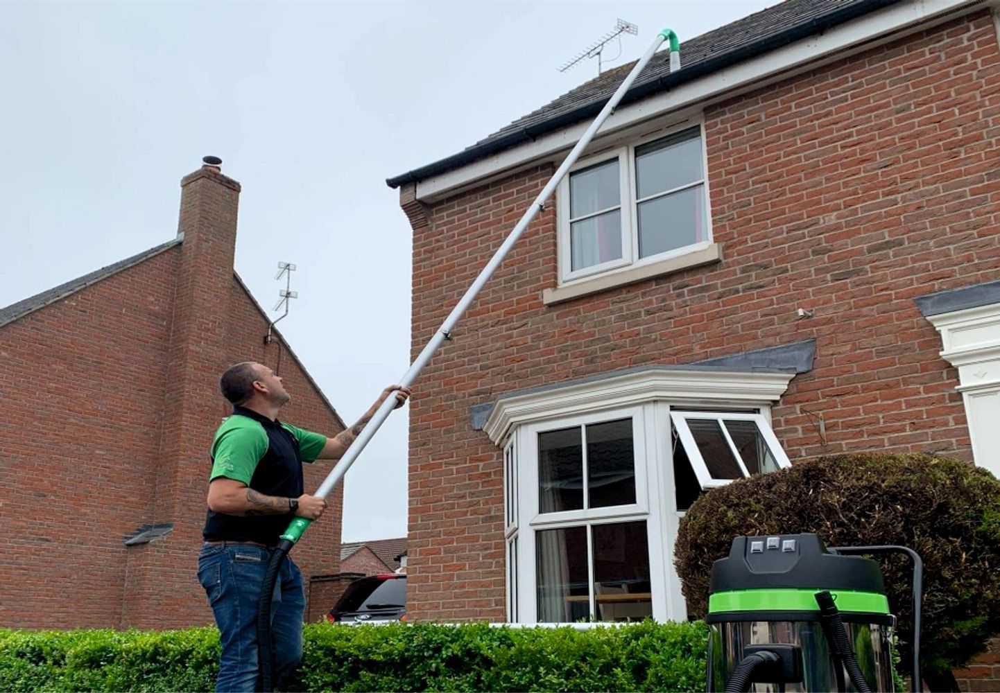 Gutters being cleaned 4 less with a gutter vacuum & leaks sealed for FREE with ladders.
