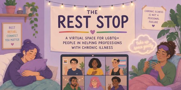 Virtual support space for LGBTQ+ people with chronic illness shown in cozy setting.