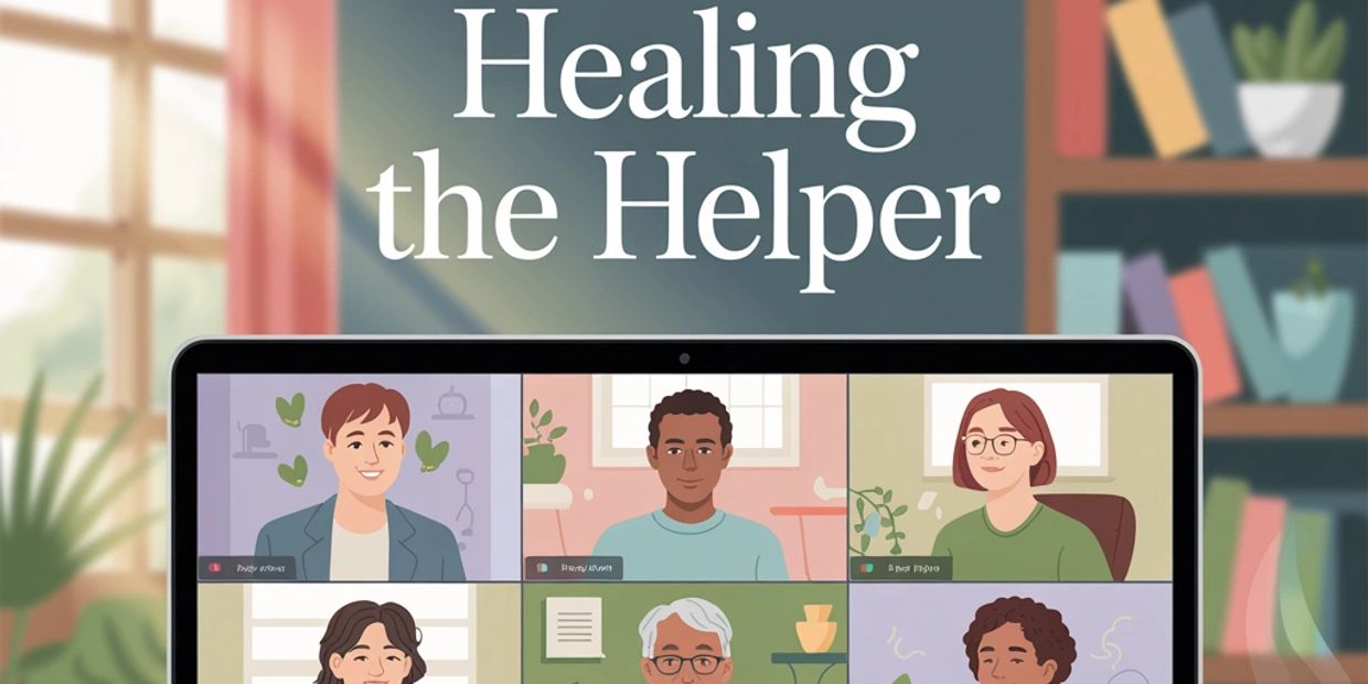 Virtual meeting titled 'Healing the Helper' with diverse participants on a laptop screen.