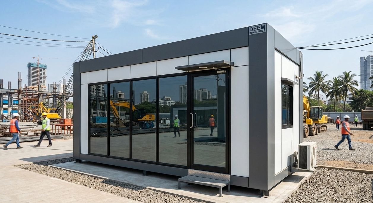 Modern site office cabin at a construction site.