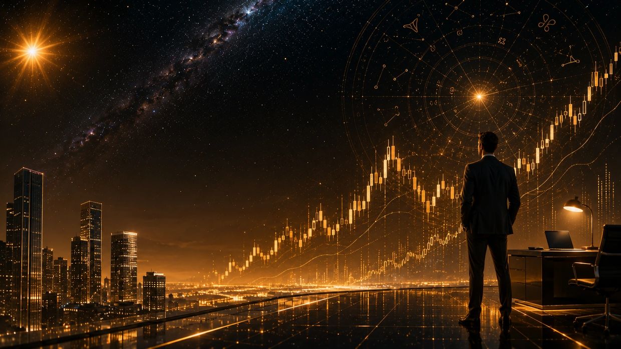 A businessman observes rising stock charts under a cosmic night sky over a city.