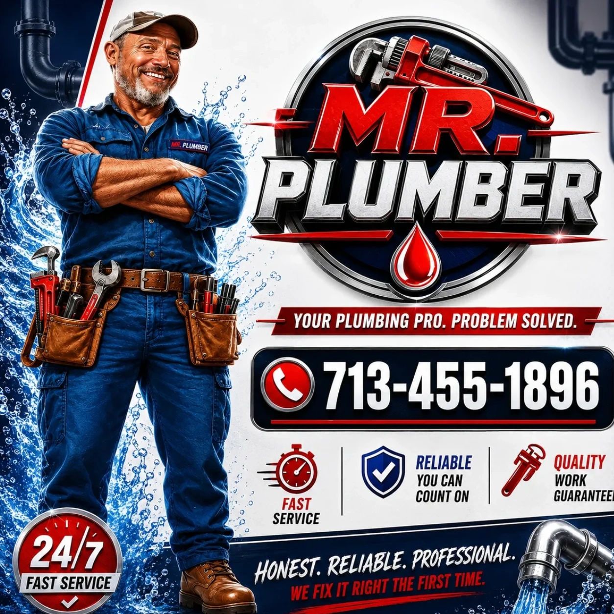 Mr. Plumber offers reliable, 24/7 fast plumbing service with guaranteed quality work.